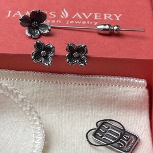 James Avery vintage Floral Dogwood Stud Earrings pin tag set Silver